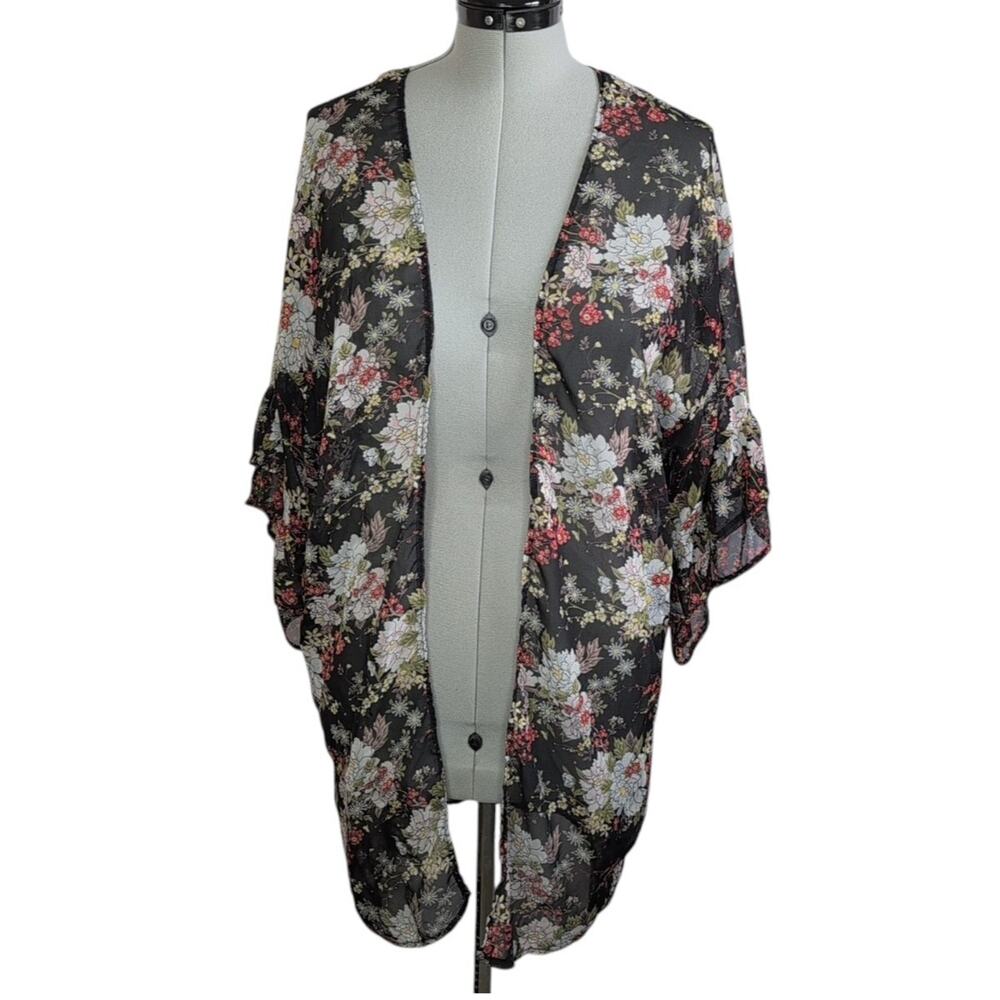 Mudd Sheer Black Floral Print Kimono One Size Boho-Chic Casual Resort Vacation
